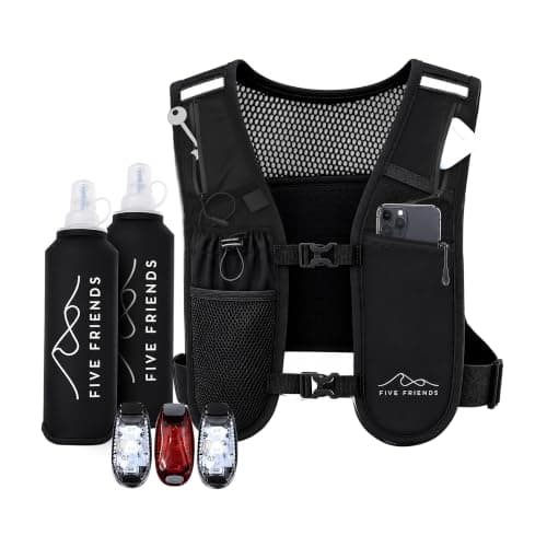 Running Vest with 2 Water Bottles & 3 LED Lights – Lightweight Reflective Hydration Vest with 6 Pockets – Adjustable Running Backpack for Men & Women, Ideal for Marathon & Night Trainings