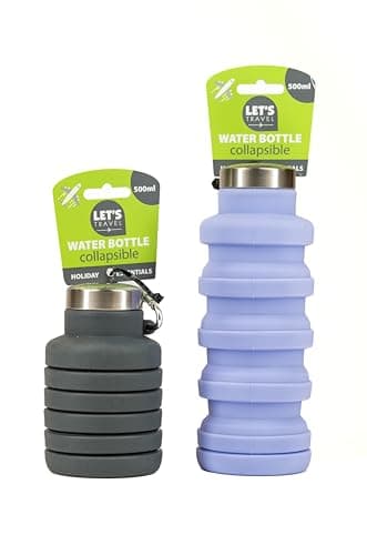 CS Beauty Let's Travel Collapsible Water Bottle, 500ml, Silicone Travel Bottle with Carabiner,Foldable Design, Hiking - Camping - Available in Colours Grey, Purple, Orange - (Colour Chosen at Random)