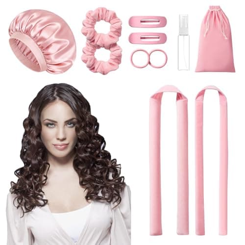 MZinge Heatless Hair Curler Set, Overnight Curling Rods 2 Sizes (1.5inch & 0.5inch) for All Hair Types, No Heat Damage, Complete Styling Kit with Sleep Cap & Storage Bag for women gifts (Pink)