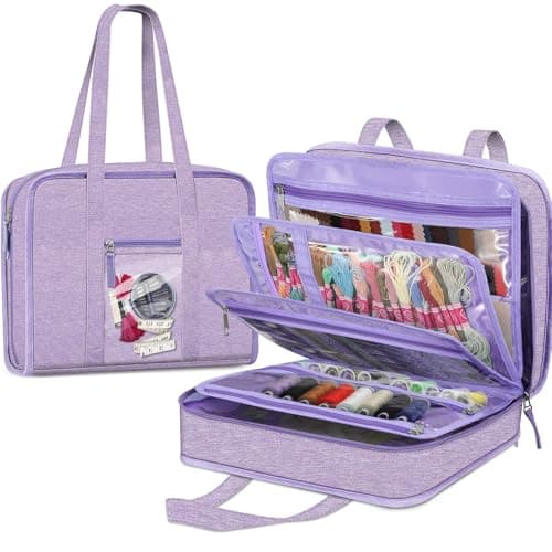FINPAC Sewing and Craft Supplies Storage Tote, Large Capacity Travel Packing Organizer Bag with Clear Pockets and Handle for Knitting, Crochet, Art, Sewing Accessories(Lavender)