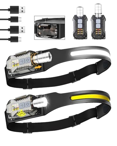MOXTOYU LED Head Torch Rechargeable 2 Pack, Lightweight Head Torch with 230° Wide Beam, 400 Lumen Motion Sensor Headlight, USB Rechargeable, Waterproof for Camping, Running and Outdoor Activities