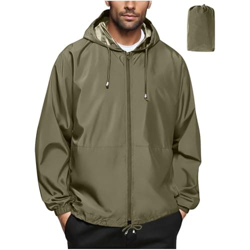Waterproof Jacket Men Lightweight Packable Raincoat With Pockets Breathable Windproof Rain Coat Casual Softshell Hiking Cycling Outdoor Clothes Army Green L