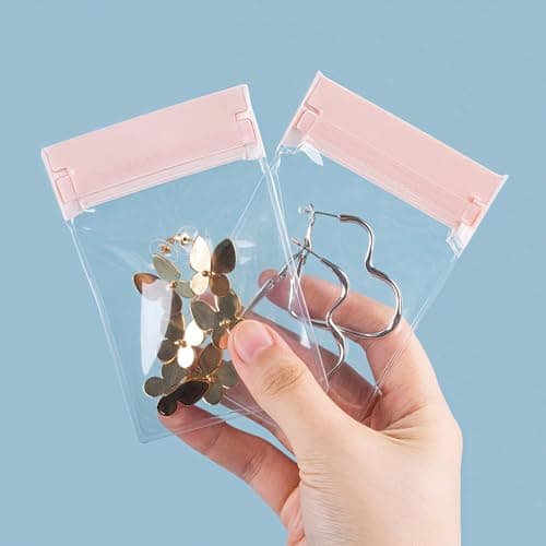 WACCOMT Pack 20pcs Clear EVA Anti Tarnish Jewelry Storage Bags Resealable Small Pink Clear Plastic Thickened Travel Portable Jewelry Pouches for Ring Earing Necklace Bracelet (2.4x3.1 inch)