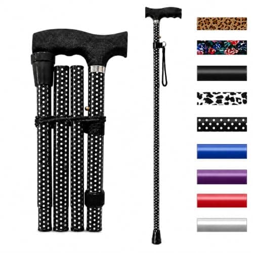 Life Healthcare Folding Walking Stick, Adjustable Aluminium Cane, Polka Dot