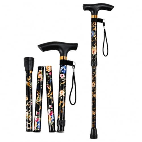 Folding Walking Stick Adjustable Cane Black Walking Sticks For Arthritis Disabled Elderly Senior Extendable Folding Cane Lightweight With Ergonomic Handle Wrist Strap Portable Folding Mobility Aid