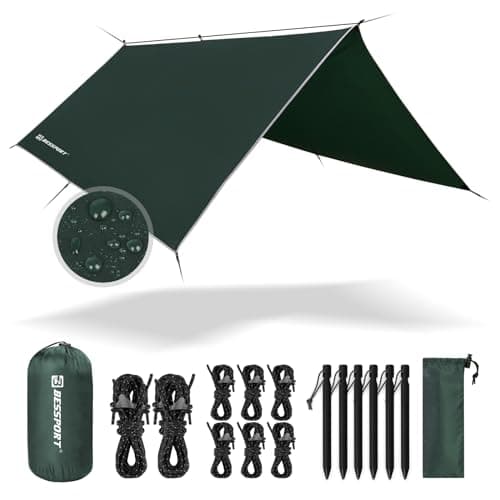 Bessport Tent Tarp, Camping Tent Tarp 3m x 3m/3m x 4m Waterproof PU3000 mm for hammock, tarp with eyelets & 6 aluminium stakes & 8 nylon ropes, anti-UV Suitable for camping, picnic, hammock