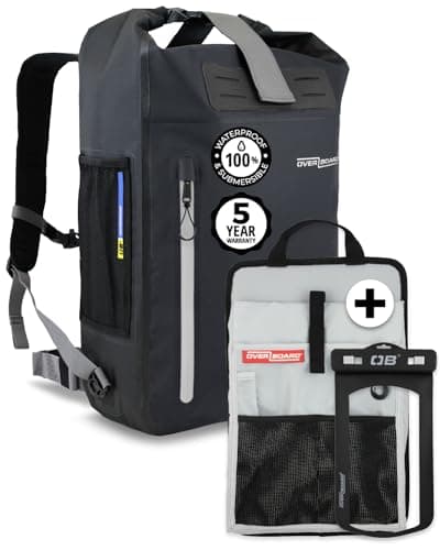 OverBoard Black Explorer Waterproof Backpack 30L Bundle| Roll Top Floating Dry Bag for Kayaking, Beach, Boating, Hiking, Rafting| Includes Waterproof Phone Case and Backpack Organiser (Black,30 Litre)