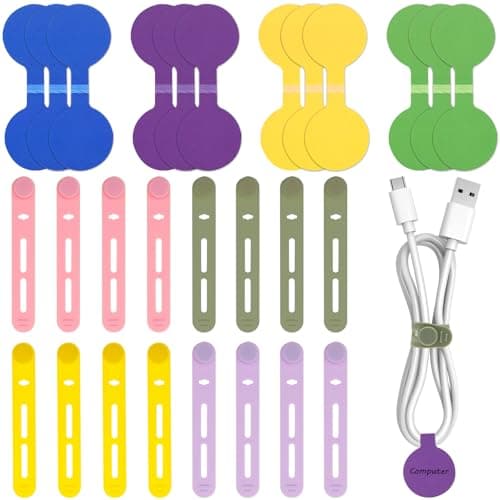Silicone Cable Ties Reusable 20 Pack - Adjustable Cord Organizer with 12 Writable Cord Labels, Elastic Wire Management Ties for Phone Charger, USB, PC, Travel Gadgets & Small Appliances