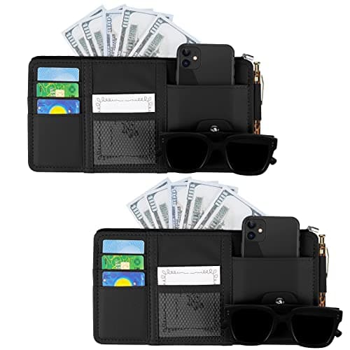 2 Pcs Sunglasses Holders for Car Sun Visor, Leather Car Sun Visor Organizer Travel Document Holder with Multi Pocket Net Zippers, Auto Interior Accessories Suitable for Car,SUV,Truck(Black)