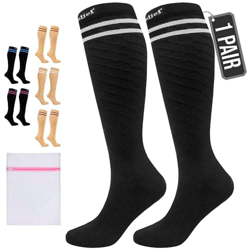 360 RELIEF Compression Socks for Kids, 15-20 mmHg Supports Circulation, Travel Flight Stockings, S/M, Black with 2 White lines + Laundry Bag