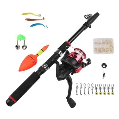 Hoppipola Outdoor Fishing Starter Kit with Rod, Reel and Tackle Box, Lightweight Portable Set (Red Rod Set)