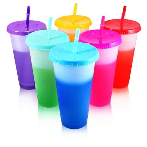 6 Pcs 24 oz Colour Changing Cups Reusable Tumblers with Lids and Straws