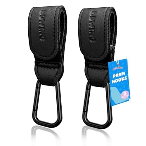 Bdwing 2pcs Buggy Clips for Changing Bag Handbag, Non-Slip PU Leather Pram Hook for Buggy Pram Rocker Stroller Pushchair Rollator Mobility Scooter Universal Accessories Baby Travel Essentials (Black)