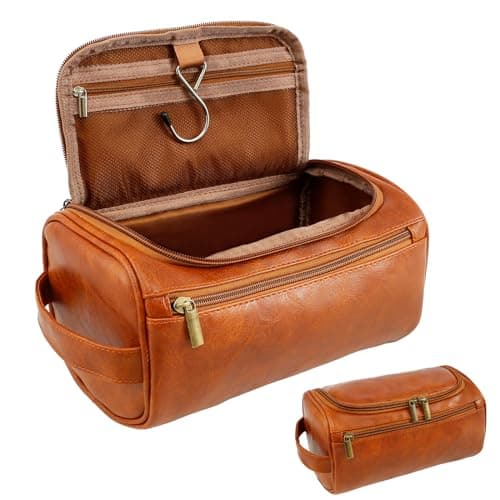 Water-Resistant Leather Toiletry Bag for Men, Large Travel Wash Bag with Handle, Shaving Bag Makeup Bag Organizer Portable Cosmetic Bag for Travel, Men Gift
