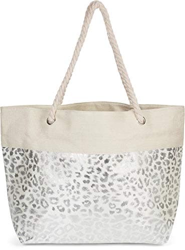 styleBREAKER Womens XXL Metallic Leopard Print Beach Bag,Beige-Silver