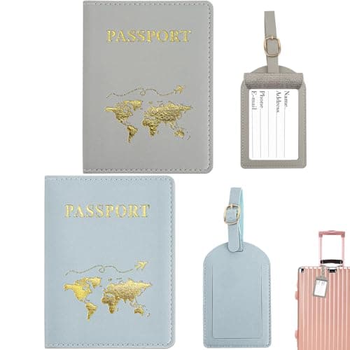 ZDNT 4 Pcs Passport Cover and Luggage Tag,Passport Holder,Passport Cover Luggage Tag Set,PU Leather Passport Holder Travel Wallet Case Organiser for Passport Credit Card Business ((Blue, Grey))
