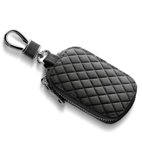 Car Key Fob Case,Genuine Leather Car Key Holder,Anti Scratch Key Holder Pouch,Waterproof Keychain Pouch with Keychain&Carabiner,Unisex-Adults Keyfob Protector for Smart Remote Fobs,Home Keys (Black)