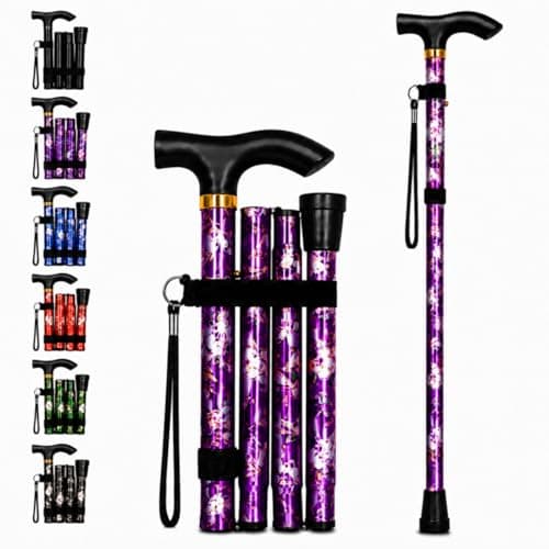 ZallyX Foldable Walking Sticks for Men & Women, 85–95cm Adjustable Ladies Walking Stick, Mobility aids, Collapsible walking stick For Elderly Adults (Purple Flower)