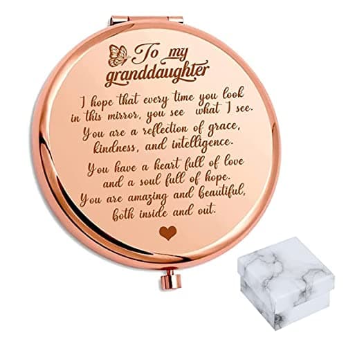 OVNMFH to My Granddaughter - Reflection Engraved Hand-Held Folding Mirror, Stainless Steel Compact Pocket Mirror, Folding Pocket Mirror Encouragement Gifts from Grandparents (Rose Gold)