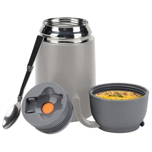 Maqash Insulated Food Flask 630 ml – Stainless Steel Thermal Soup Flask with Spoon, Leakproof Hot Food Jar for School, Work & Travel – Keeps Food Hot 12h / Cold 24h – BPA‑Free Wide Mouth - Grey