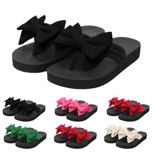 Flower Flip Flops Women Beach Slippers Size 8 Boho Open Toe Slip on Flat Sandals Summer Comfortable Yoga Mat Thong Sandals for Pool, Travel Vacation Slippers Bow Black Footwear Gift