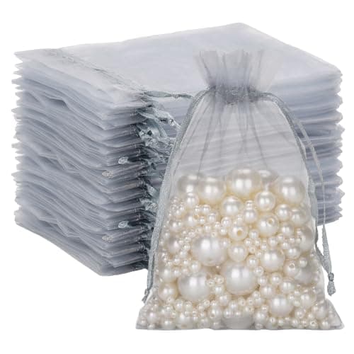 G2PLUS Silver Grey Organza Gift Pouches 10x15 cm: Medium Favor Bags,50 PCS