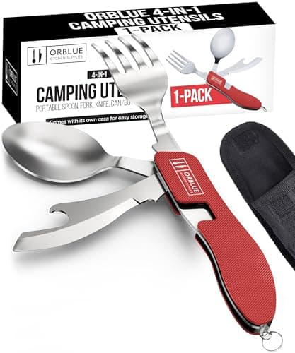 Orblue 4-in-1 Camping Utensils, 2-Pack, Portable Stainless Steel Spoon, Fork, Knife & Bottle Opener Combo Set - Travel, Backpacking Cutlery Multitool (RED 1-Pack)