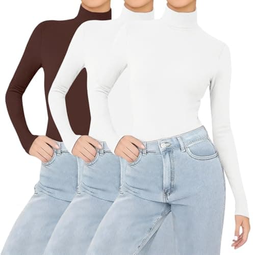 YCBMINGCAN Pack of 3 Women's Thermal Shirt Long Sleeve & Turtleneck Shirt Lightly Lined Soft Basic Top with Stand-Up Collar Thin Fleece Undershirt Winter Tops for Women, #3 Coffee, M
