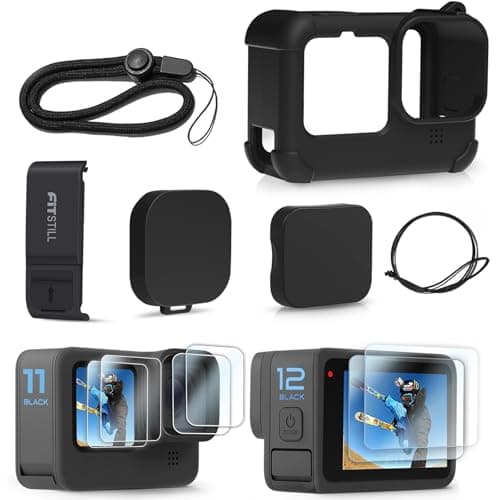 FitStill Silicone Protective Case Set for Go Pro Hero12 /Hero11 /Hero 10 /Hero 9 Black, Battery Side Cover + Lens Cover + Screen Protector + Lanyard (For Go Pro Hero 12/11 /10/9 Black) Accessory Kit