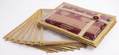 Indianearth Enterprises Premium Transparent Saree Cover, Saree Bags For Storage, with Gold Border and Flower Brooch, Clothes Cover Organizer for Wardrobe, Travel, Wedding Dresses (Pack of 10)