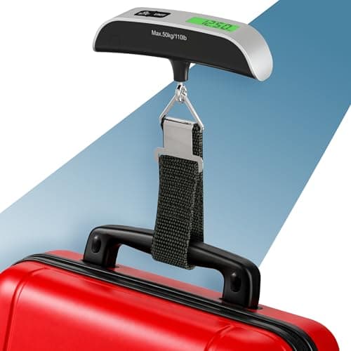 PORTENTUM Luggage scale digital with LCD display – Up to 110 lb – Automatic weight lock – Accurate suitcase weight for travel essentials – Suitcase weighing scales portable with temperature indicator