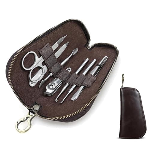 CONTACTS Handmade Leather Manicure Set Case, Empty Travel Nail Clipper Pouch for Men, Full Grain Leather Personal Tools Pouch with 7 Elastic Loops, Brown