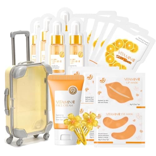 20PCS Vitamin C Skincare Set with Cute Mini Luggage,Skin Care Sets & Kits for Teenage Girls Gifts,Travel Kit,Facial Kit for All Skin Types-Face Cream,Sleep,Mud Mask,Lip Mask (VitaminC-20PCS)