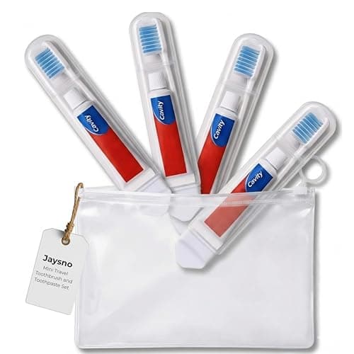 Mini Travel Toothbrush and Toothpaste Set, 4 Folding Compact Toothbrushes with 4 Mini 5g Toothpaste Tubes and Travel Bag, Portable Oral Care Kit for Flights, Work, Camping and Short Trips