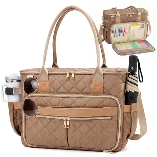 XIAPIA Laptop Tote Bag for Women 15.6 Inch, Quilted Work Bag,Khaki