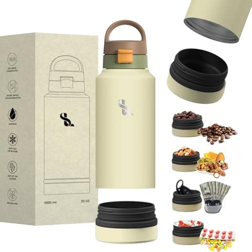 SimplyLivin Water Bottle 750ml with Bottom Compartment | Insulated Stainless Steel Flask | 24H Cold 12H Hot | Leakproof | Secret Storage for Protein Powder, Keys, Valuables | Gym, Travel | Cream Beige