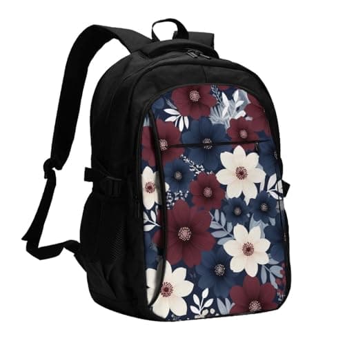 ZHANLEI maroon and navy flowers Printed Backpack,Travel Laptop Backpack for Men Women with USB Charger Port, Maroon and Navy Flowers, One Size