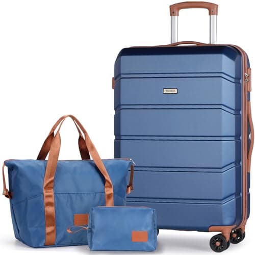 Tavoxda Suitcase Sets 3 Piece, Hard Shell Lightweight ABS Trolley Travel Luggage Set Spinner Wheels & TSA Lock with Travel Duffel Bag and Toiletry Bag, 24” Medium Set, Blue