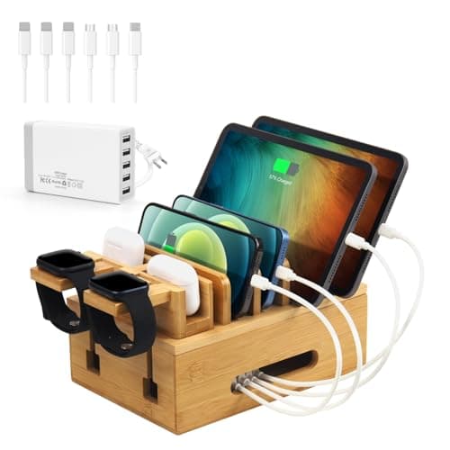 Deefielly Bamboo Charging Stations for Multi Devices with 5 Port USB Charger, 6 Cables, Desktop Wood Docking Station Charger Organizer for Cell Phones, Tablets,Earphone, Watches