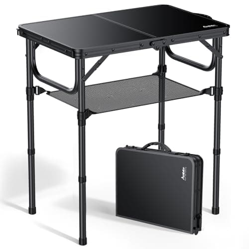 Anbte 2ft Folding Camping Table with Storage Net, 3 Adjustable Heights Small Folding Table Lightweight & Portable with Carry Handle, for Camping, Fishing, Picnic, Beach, Outdoor, 60 x 40cm, Black