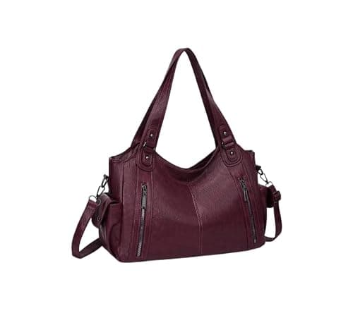 Vintage Large Shoulder Bag, Soft Casual Tote for Women, Spacious Work & College Bag, PU Leather Laptop Tote, Comfortable Daily Handbag (Burgundy)