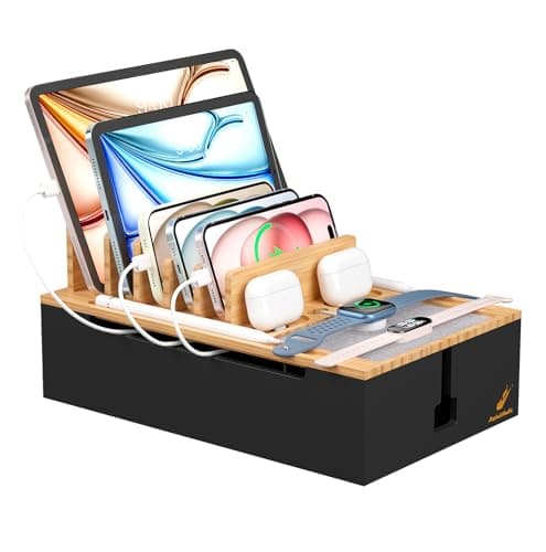 Pezin & Hulin Bamboo Charging Station, Electronic Devices Organizer for Multiple Devices Charger Such As Cell Phone, Tablet, Watch and more, Natural+Black, (No USB Charger and Cables)