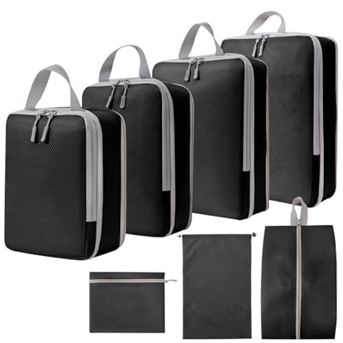Compression Packing Cubes, 7-Piece Set - Waterproof Travel Organiser Bags for Clothes,Cosmetics, Shoes & Toiletries, Space-Saving Luggage Packing Essentials for Suitcases & Backpacks (Black)