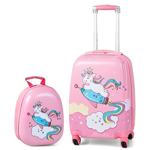 HOMFME 2 PCS Kids Luggage Set, Children Suitcase and Backpack Set with Adjustable Handle and Universal Wheels, Hard Shell Toddler Trolley Case for Travel School (12 + 18 Inch, Pink Unicorn)