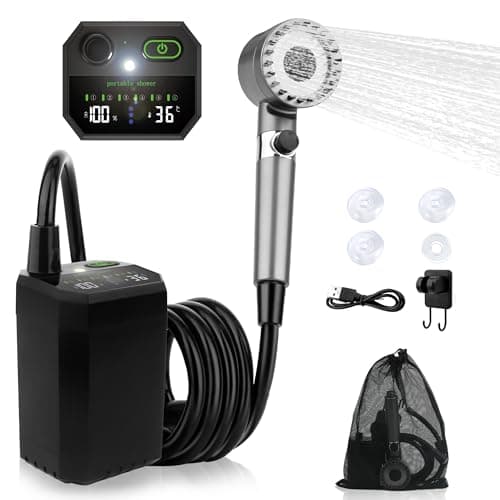 Sumloty Portable Camping Shower, 6000mAh Rechargeable Portable Shower Pump with LED Temperature Display, IPX8 Camp Shower, 6 Water Pressure Levels for Camping, Hiking, Pet Bath & Car Wash