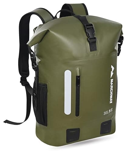 MARCHWAY Roll Top Waterproof Backpack, Floating Dry Bag 20L/30L/45L with Ergonomic Rectangular Base, Cushioned Back, Hip Strap, Gear Loops, MOLLE for Hiking Camping Kayaking Travel (Army Green, 20L)