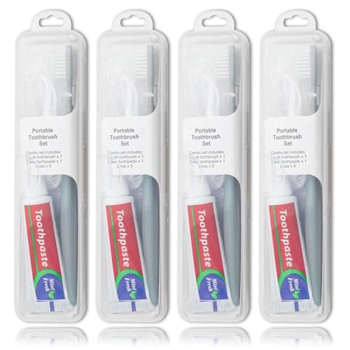 Toothbrush Toothpaste Set, Travel Toothbrush Set with 5 Floss Picks, Travel Toothbrush Set Case, Individually Packaged, Suitable for Home, Travel, Hotel (4-Pack)