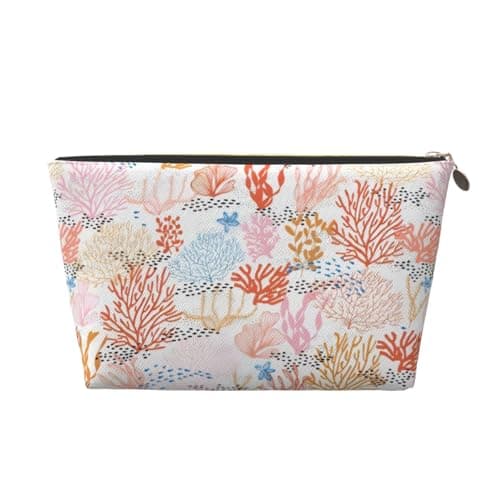 Gold Leather Travel Toiletry Bag – Reusable Coral Reef Print Storage Bag, Toiletry Shaving Kit for Daily Use, Vacation