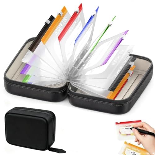 A8 Waterproof Pill Organizer Set with 14 Color-Pill Pouches, Travel Pill Box Zippered Translucent Medication Organizer, Portable Reusable Binder Design Pill Organiser for Fish Oils, Vitamins(Black)
