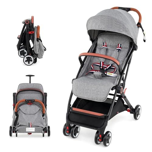 Foldable Baby Pushchair, Lightweight Toddler Travel Stroller for Airplane, Infant Pram with 5-Point Harness, Adjustable Backrest Footrest Canopy, Storage Basket (Grey)